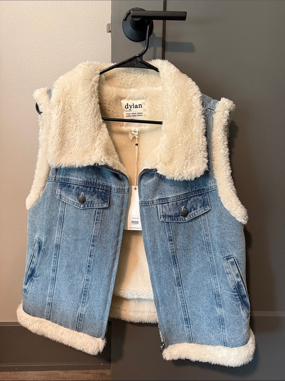 dylan Light Blue Denim Vest with Cream Sherpa Lining